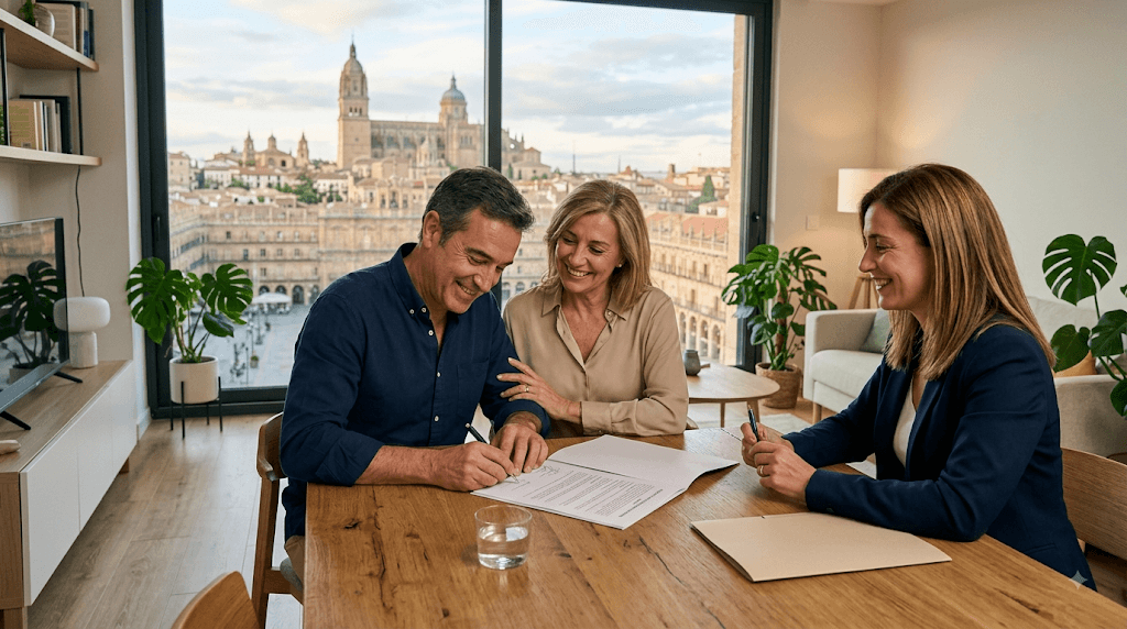 Agente inmobiliario y pareja firmando un contrato de arras en un piso de Salamanca